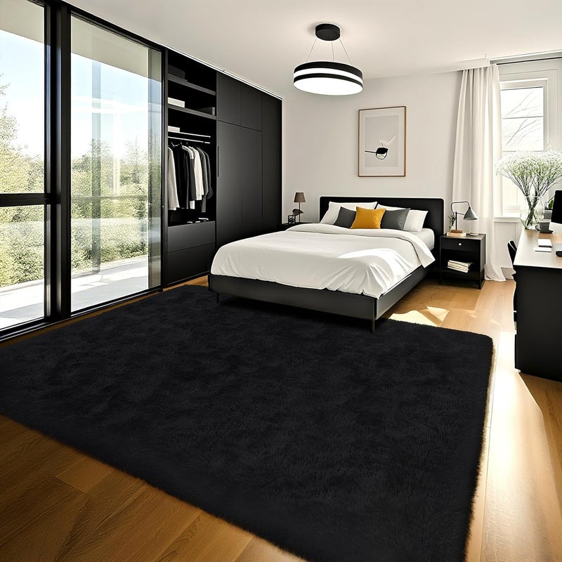 HOMORE Luxury Fluffy Area Rugs Modern Shag Rug for Bedroom Living Room, 6x9 Feet Super Soft and Comfy Carpet, Cute Carpets for Kids Nursery Girls Home Dorm, Black - Image 2