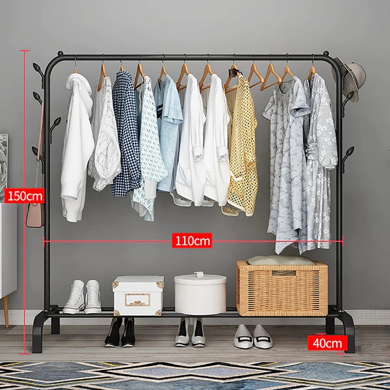 Zemic 1PC Multipurpose Metal Single Garment Rack with Top Rod and Lower Storage Shelf with Hooks Heavy Duty Clothes Coat Stand Closet Organizer Black 150 x 110 x 40 CM - Image 2