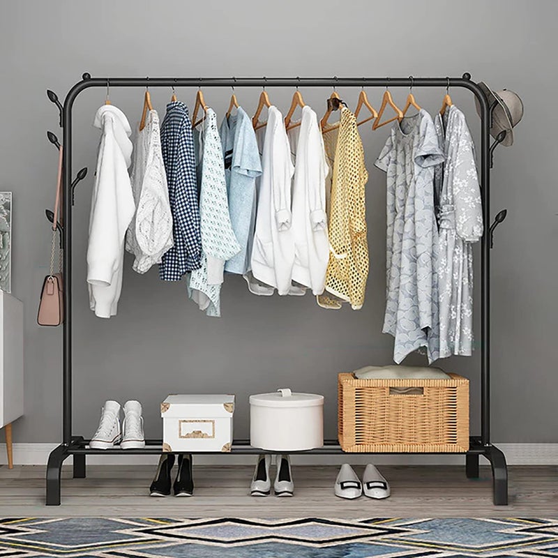 Zemic 1PC Multipurpose Metal Single Garment Rack with Top Rod and Lower Storage Shelf with Hooks Heavy Duty Clothes Coat Stand Closet Organizer Black 150 x 110 x 40 CM - Image 1