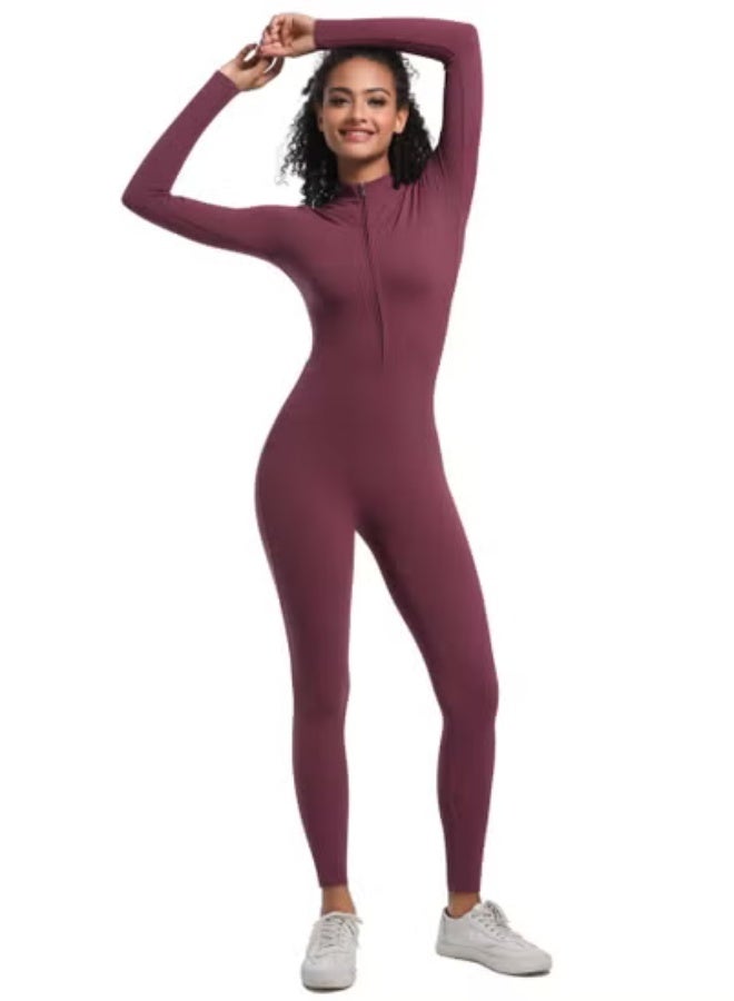 RedMapleTEK European And American Half-Zip Tight Solid Color High Elastic Long Yoga Suit Fitness Running Sports Jumpsuit - Image 4