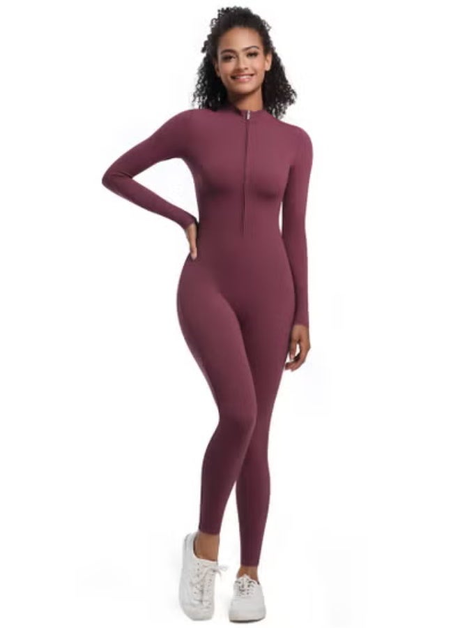 RedMapleTEK European And American Half-Zip Tight Solid Color High Elastic Long Yoga Suit Fitness Running Sports Jumpsuit - Image 2