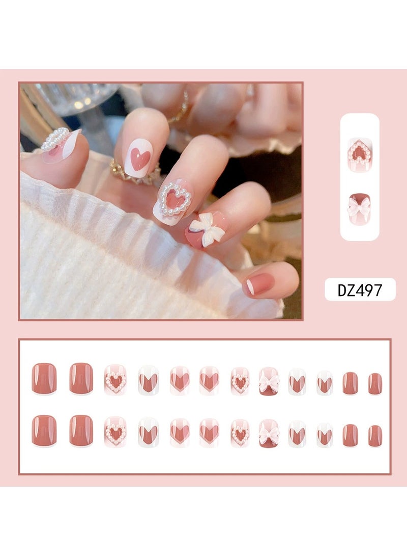 Goolsky Fresh Style Press On Nails – Short Fake Nail Set with Pearl Heart Bow Design, 24pcs Reusable, Sweet Daily/Casual Wear - Image 1
