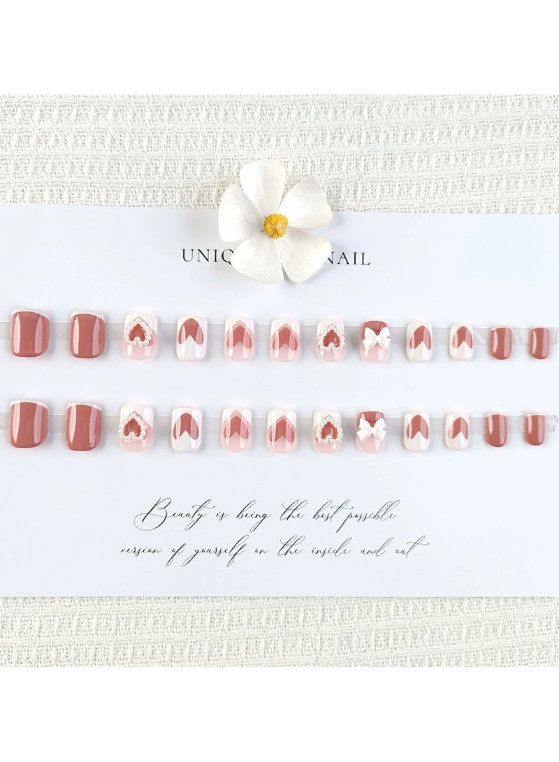 Goolsky Fresh Style Press On Nails – Short Fake Nail Set with Pearl Heart Bow Design, 24pcs Reusable, Sweet Daily/Casual Wear - Image 2