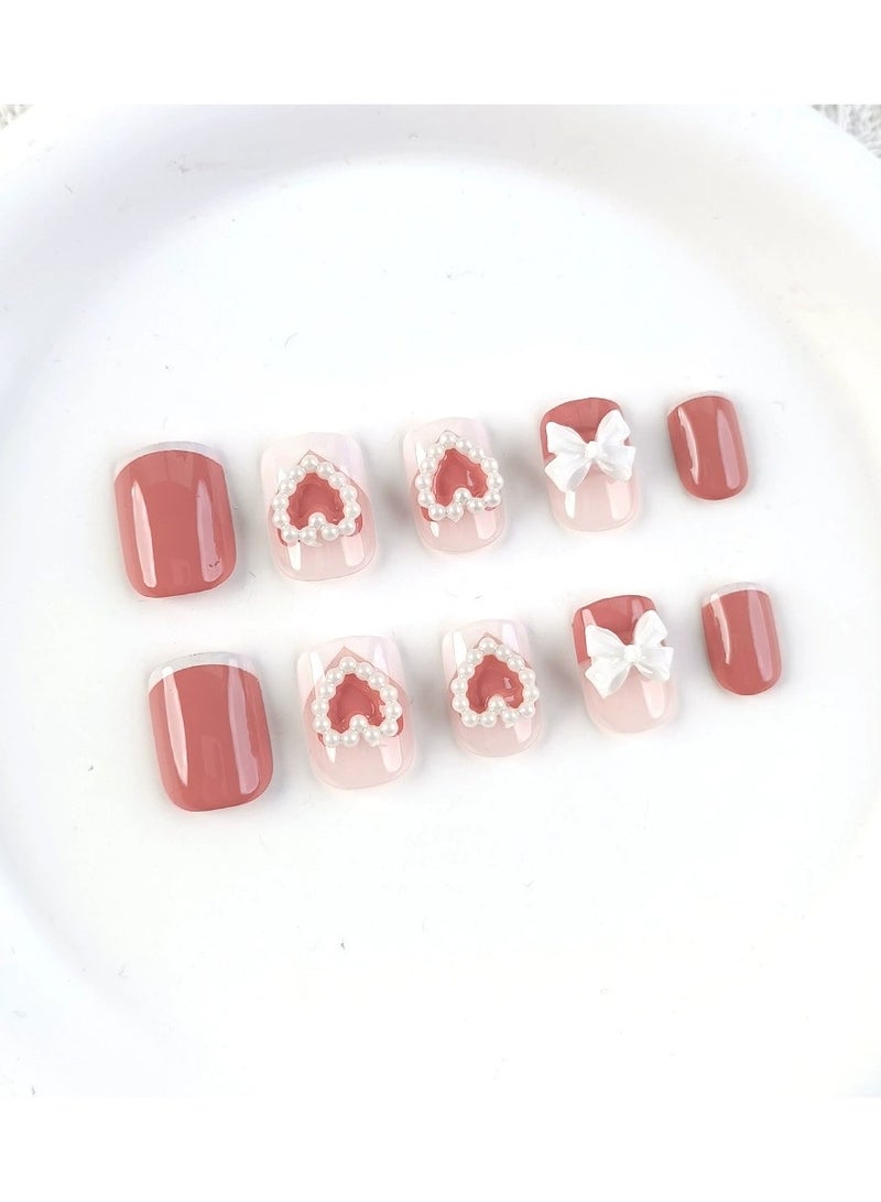 Goolsky Fresh Style Press On Nails – Short Fake Nail Set with Pearl Heart Bow Design, 24pcs Reusable, Sweet Daily/Casual Wear - Image 3