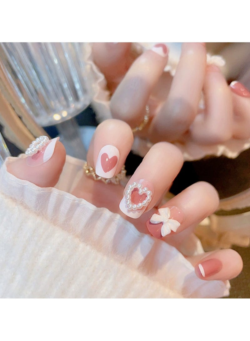 Goolsky Fresh Style Press On Nails – Short Fake Nail Set with Pearl Heart Bow Design, 24pcs Reusable, Sweet Daily/Casual Wear - Image 4