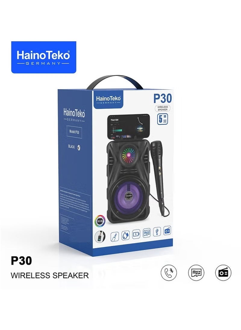هينو تيكو مكبر صوت لاسلكي Haino Teko P30 مزود بميكروفون وأضواء RGB ومدة تشغيل تصل إلى 5 ساعات، مثالي للاستخدام الداخلي والخارجي، باللون الأسود - Image 4