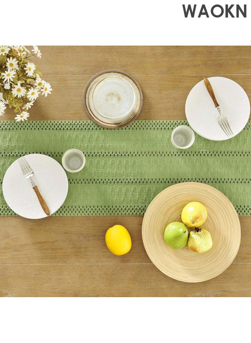 دبليو أيه أو كي أن مفرش طاولة منسوج يدويًا - طراز بوهيمي، ١٢×٤٨ بوصة، ديكور أخضر | نقش هندسي عربي لرمضان/العيد/الطعام الريفي | حواف مهدبة وحرفية راقية | أناقة منزلية شرق أوسطية - Image 4