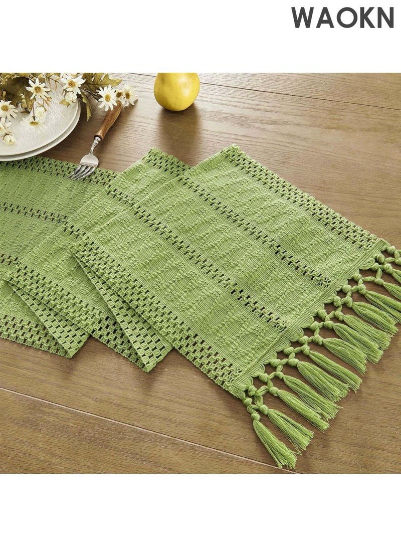 دبليو أيه أو كي أن مفرش طاولة منسوج يدويًا - طراز بوهيمي، ١٢×٤٨ بوصة، ديكور أخضر | نقش هندسي عربي لرمضان/العيد/الطعام الريفي | حواف مهدبة وحرفية راقية | أناقة منزلية شرق أوسطية - Image 1