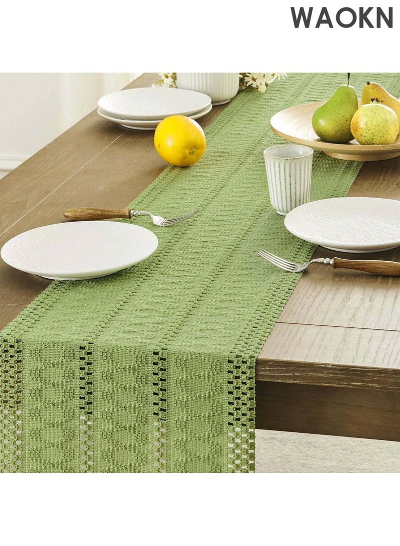 دبليو أيه أو كي أن مفرش طاولة منسوج يدويًا - طراز بوهيمي، ١٢×٤٨ بوصة، ديكور أخضر | نقش هندسي عربي لرمضان/العيد/الطعام الريفي | حواف مهدبة وحرفية راقية | أناقة منزلية شرق أوسطية - Image 3