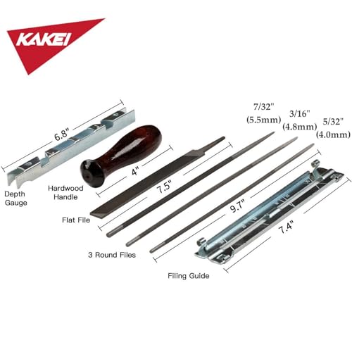 KAKEI Chainsaw Sharpening File Kit, Chainsaw Chain Sharpener - 8 Packs - 3 Round Files(5/32-Inch, 3/16-Inch, 7/32-Inch), Flat File, Depth Gauge Tool, Filing Guide, Wood Handle, Travel Pouch - Image 2