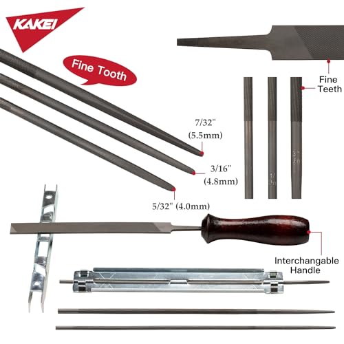 KAKEI Chainsaw Sharpening File Kit, Chainsaw Chain Sharpener - 8 Packs - 3 Round Files(5/32-Inch, 3/16-Inch, 7/32-Inch), Flat File, Depth Gauge Tool, Filing Guide, Wood Handle, Travel Pouch - Image 3