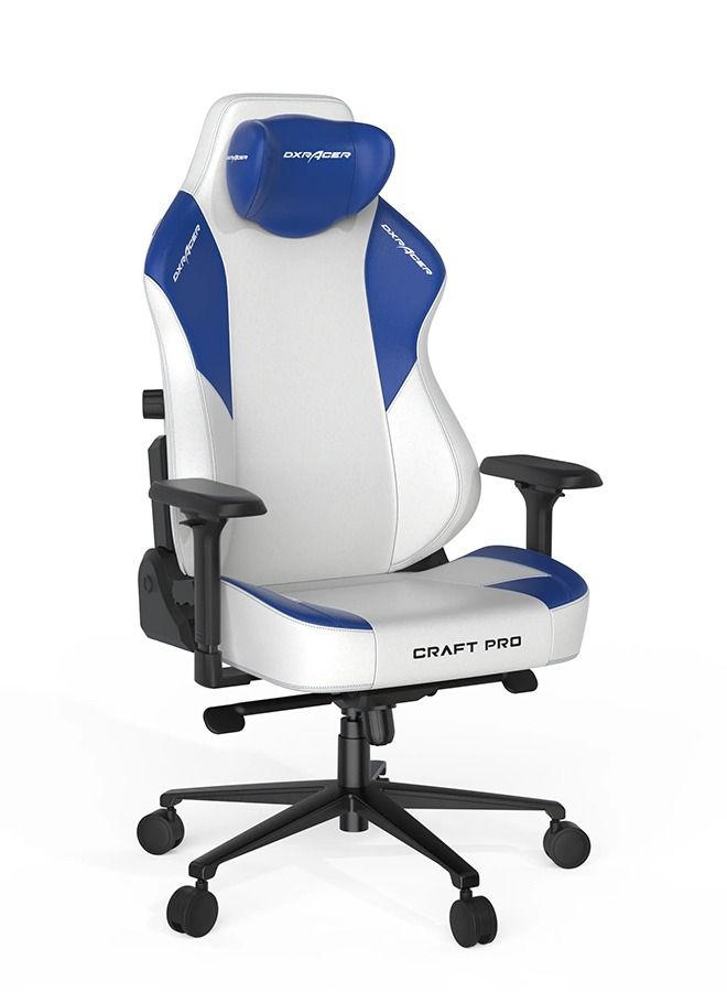 DXRacer Craft Pro Gaming Chair, Extra Wide And Thick Seat Cushion, Adjustable Armrests, Anti-Pinch Hand Protective Cover, Memory Foam Headrest - White & Blue