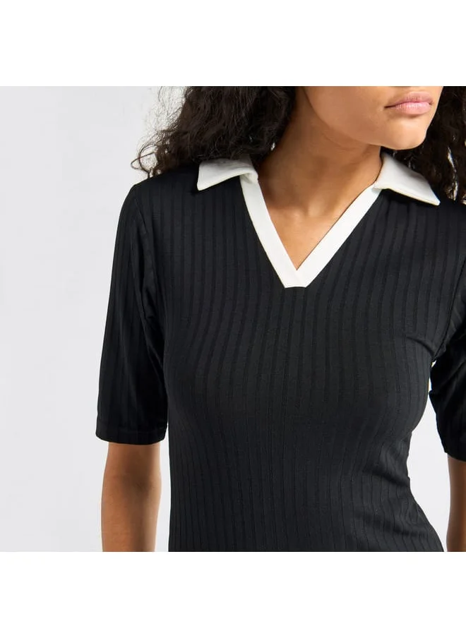 Splash FAV Striped Bodycon Dress with Collar and Short Sleeves