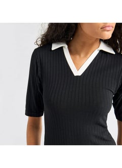 FAV Striped Bodycon Dress with Collar and Short Sleeves  - Image 4