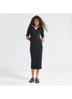 FAV Striped Bodycon Dress with Collar and Short Sleeves  - Image 1