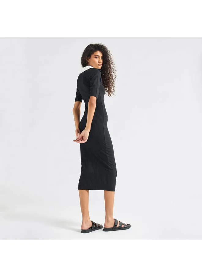 Splash FAV Striped Bodycon Dress with Collar and Short Sleeves