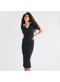 FAV Striped Bodycon Dress with Collar and Short Sleeves  - Image 2