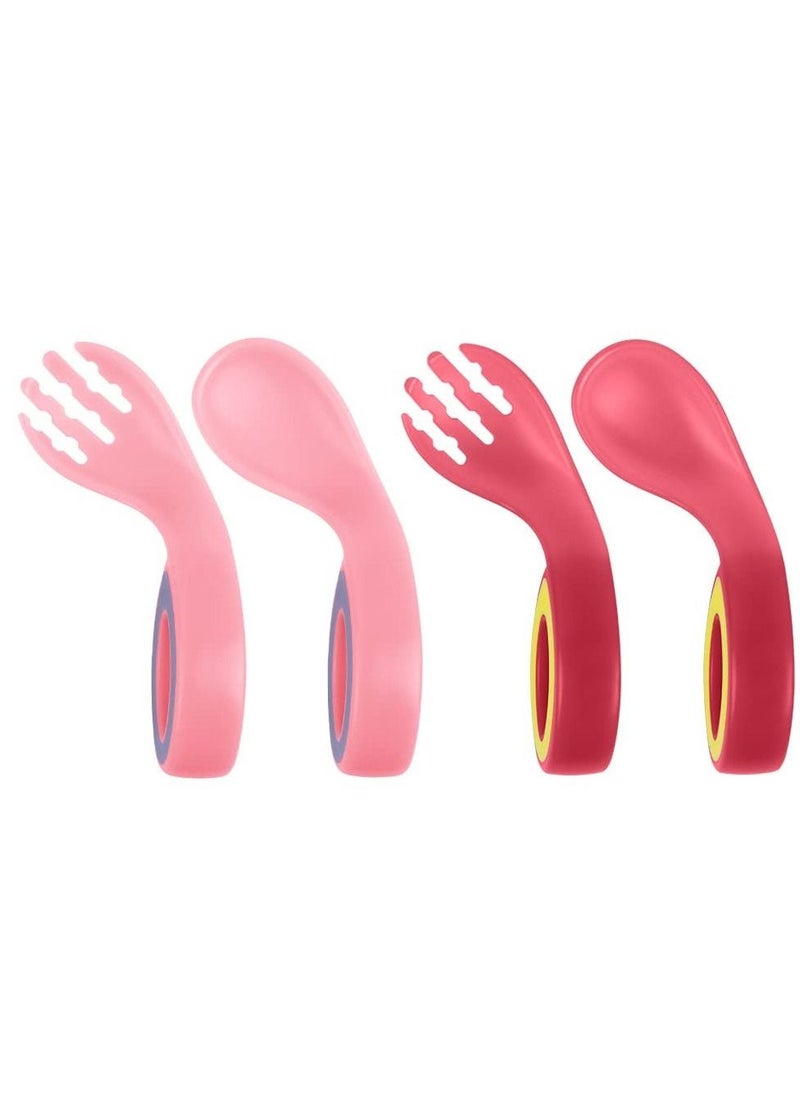 Generic - Baby Fork and Spoon Set, 4Pcs Self Feeding Utensil Easy Grip Toddler Cutlery Kit, Baby Weaning and Feeding Spoons Easy Grip Bendable Perfect Self Feeding Spoon Fork (Red/Pink) - Image 1