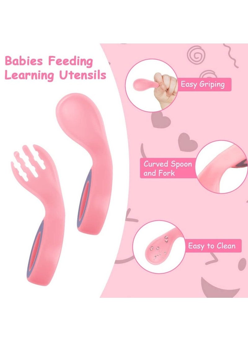 Generic - Baby Fork and Spoon Set, 4Pcs Self Feeding Utensil Easy Grip Toddler Cutlery Kit, Baby Weaning and Feeding Spoons Easy Grip Bendable Perfect Self Feeding Spoon Fork (Red/Pink) - Image 1