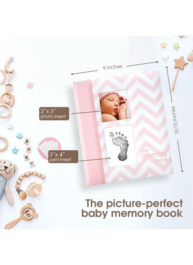 pearhead Pearhead Baby Memory Book, First 5 Years Baby Milestone Book, Pregnancy Journal, Gender Neutral Newborn Keepsake, With Clean-Touch Ink Pad For Baby's Handprint or Footprint, Pink Chevron  - Image 1