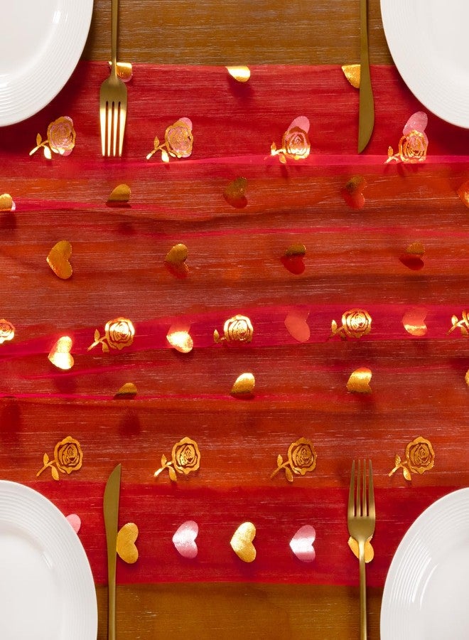 Socomi Valentine's Day Rose & Heart Table Runner Gold Gauze Sheer Romantic Sequin 10FT Glitter Metallic Foil Dining Wedding Birthday Party Baby Shower Holiday Centerpiece Table Decor Red - Image 5