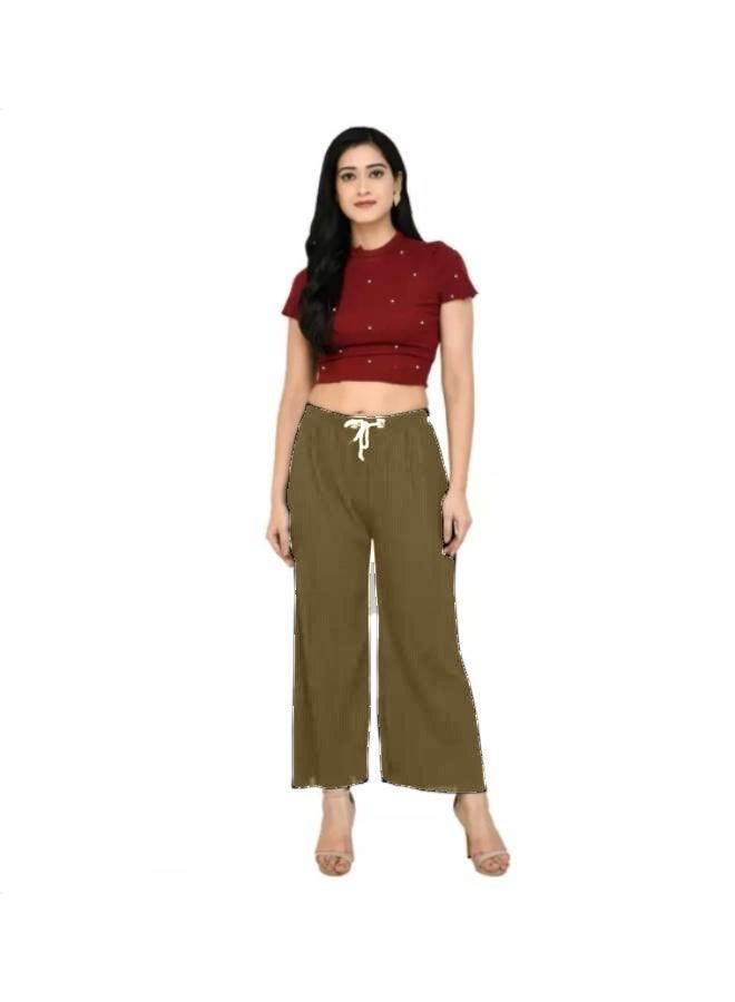 No brands المرأة مطوي عارضة واسعة الساق الكتان بنطلون مريح مرونة عالية الخصر بانت KU305 - Image 3
