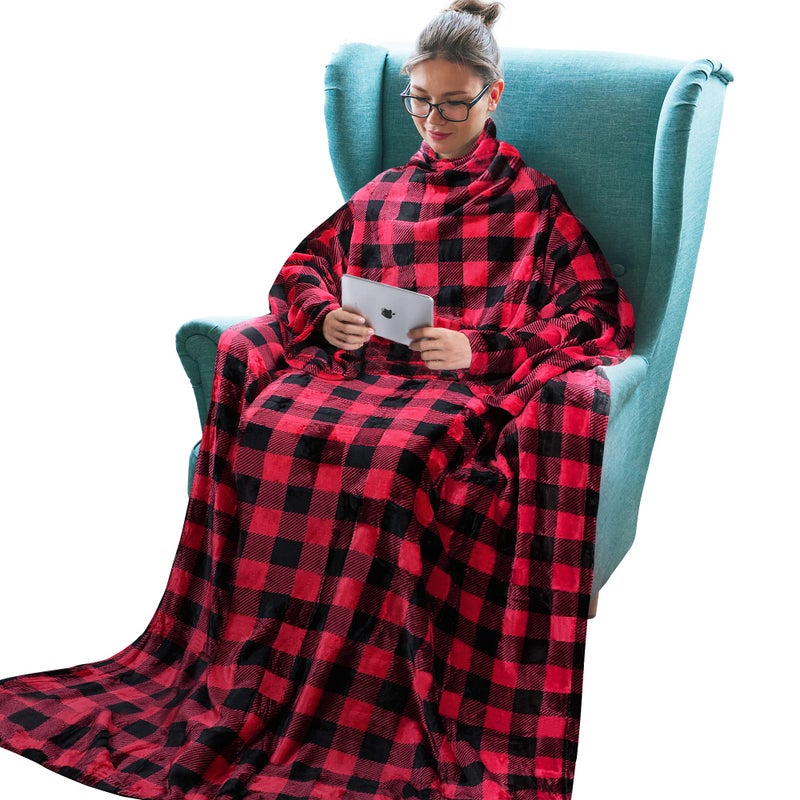 Tirrinia Wearable Blanket Adult Sunggle Blanket With Sleeves Reading Full Blanket Cozy TV Blanket Gift Idea for Women Men Mom Plaid Red