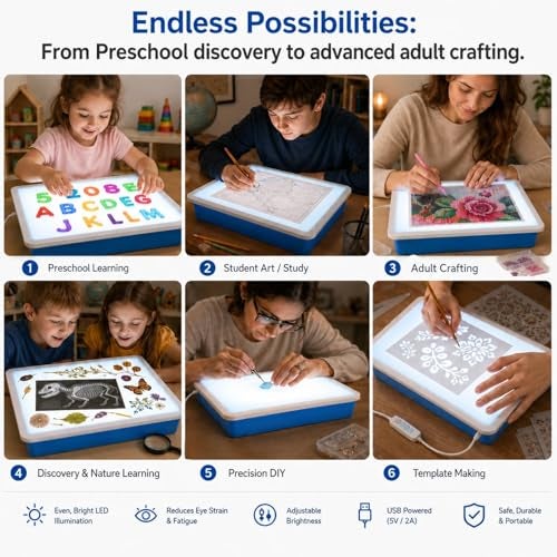 RANGRANGMANJIA LED Light Up Table for Kids, Shine Bright Light Box with 10 Levels & 3 Color Modes, Portable Dimmable Box for Tracing, Magna-Tiles, Art & Education, Fits IKEA Flisat Table, Home & Classroom(16" Blue) - Image 5