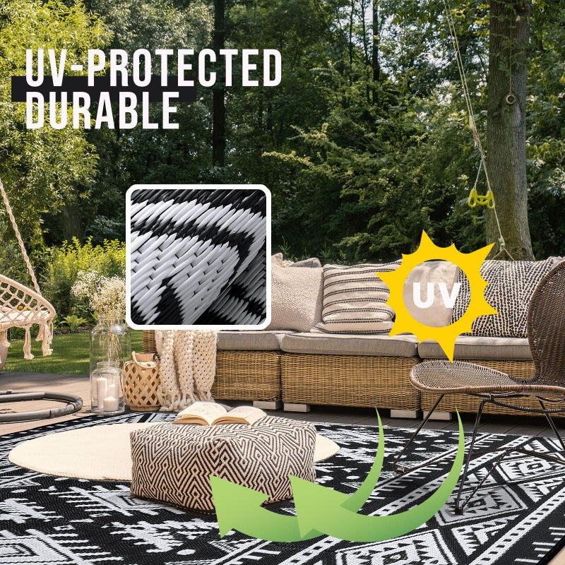 OLANLY Outdoor Rug Waterproof 6x9 ft, Reversible Outdoor Plastic Straw Rug, Boho Patio Rug, Indoor Outdoor Carpet, RV Mat Outside for Patio, Camp, Picnic, Balcony, Deck, Backyard, Black & White - Image 3