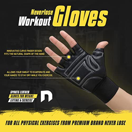 NEVER LOSE Unisex Leather Gym Gloves for Professional Weightlifting, Fitness Training and Workout | with Half-Finger Length, Wrist Wrap for Protection (L, SHEEPLEATHER) - Image 2