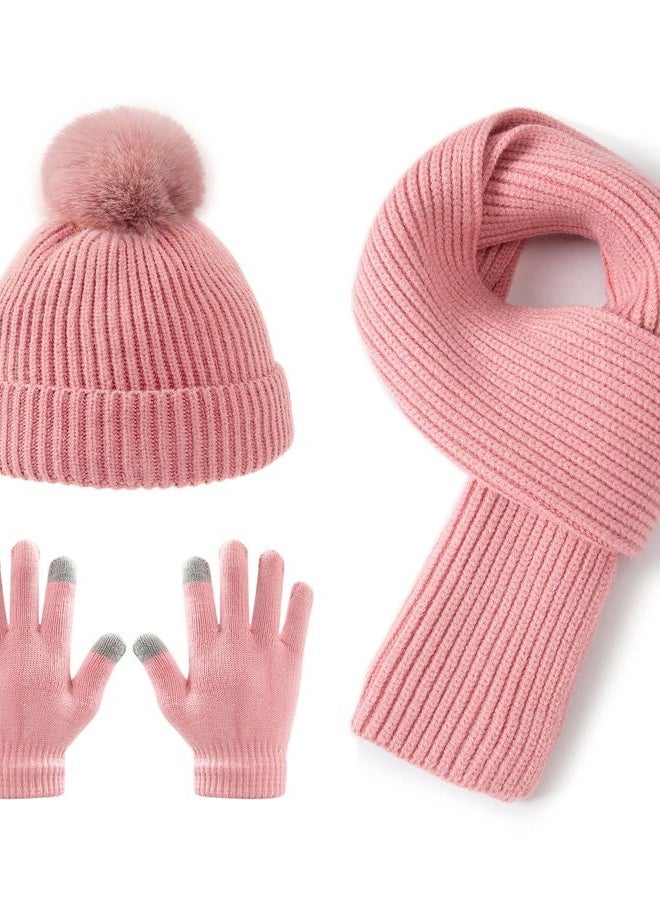Lallier 3 Piece Kids Hat Scarf Snow Gloves Winter Knitted Hat Warm Soft Pom Pom Hat for Boys Girls Toddlers, pink - Image 1