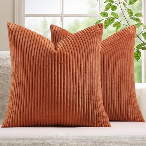Mecatny Corduroy Fall Decorative Throw Pillow Covers 18x18 Set of 2 for Sofa Living Room Soft Burnt Orange Neutral Boho Couch Pillow Covers for Home Decor Rust - Image 1