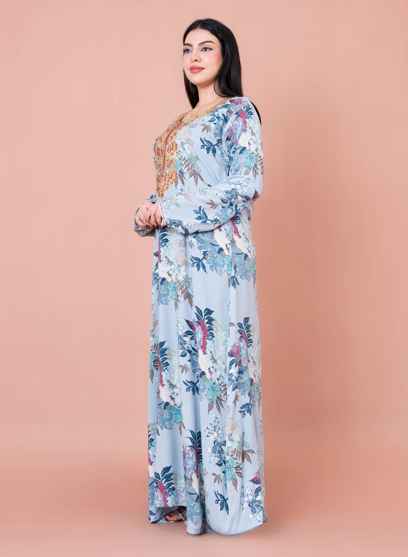 IKKXA Floral Embroidered Modern Jalabiya IN1962 Blue