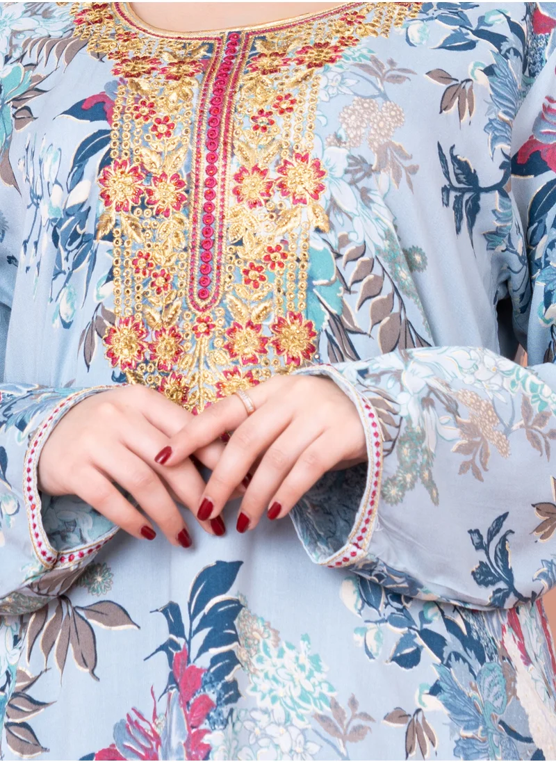 IKKXA Floral Embroidered Modern Jalabiya IN1962 Blue