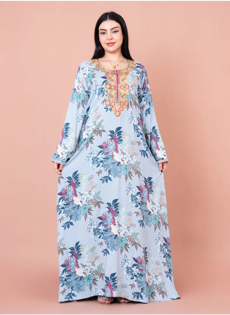 IKKXA Floral Embroidered Modern Jalabiya IN1962 Blue