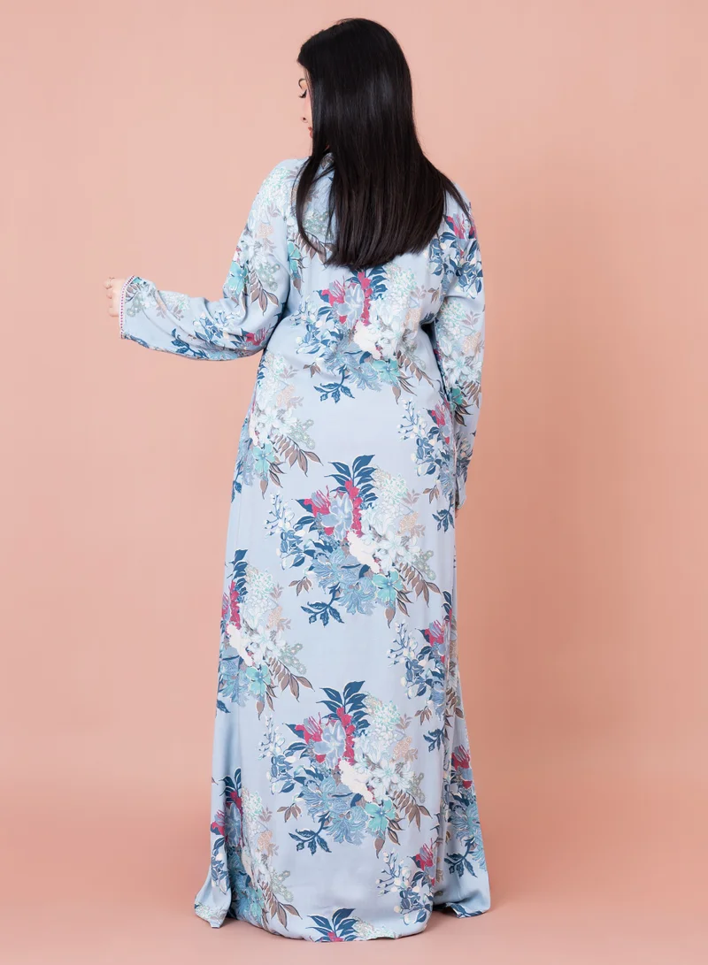 IKKXA Floral Embroidered Modern Jalabiya IN1962 Blue