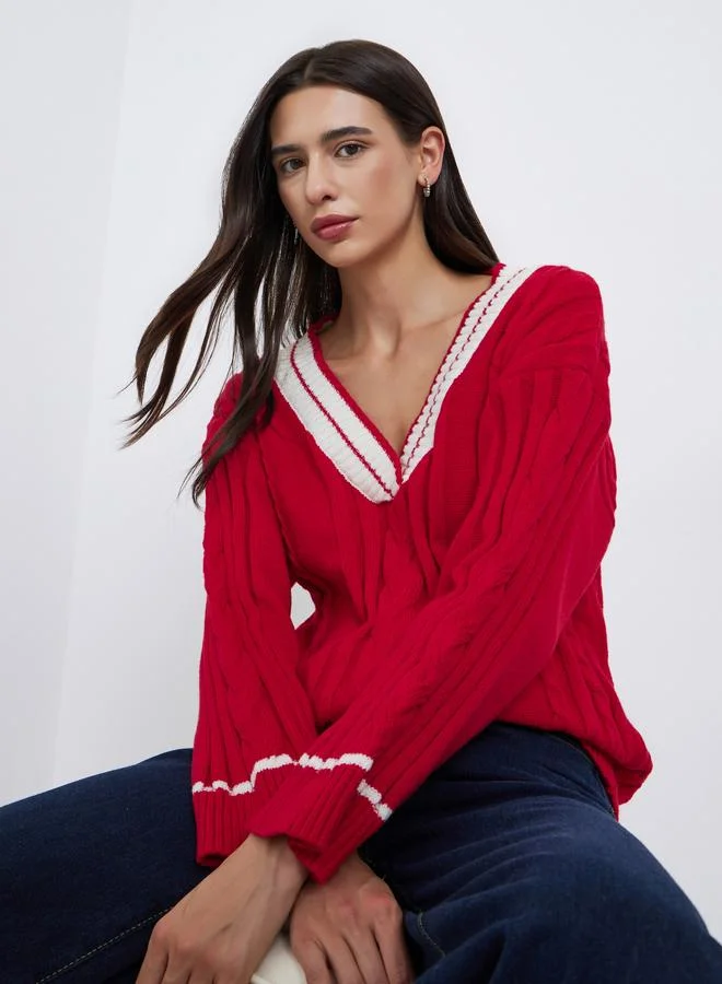 Take Two Take Two Red Cable Knit Oversized Sweater
