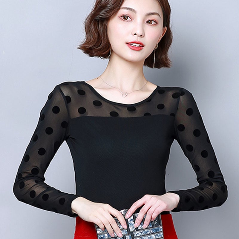Long Sleeve Round Neck Mesh Base T-Shirt Thin Tight Outer Wear Low Neck Printed Flocking Western Style Top Small Shirt - Image 3