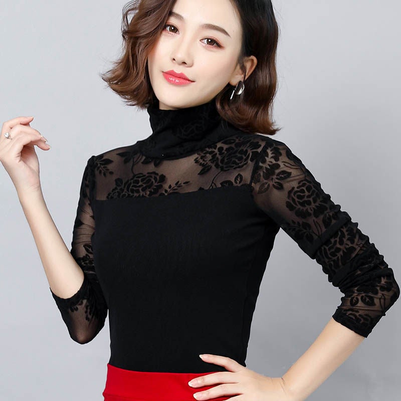 Long Sleeve Round Neck Mesh Base T-Shirt Thin Tight Outer Wear Low Neck Printed Flocking Western Style Top Small Shirt - Image 4