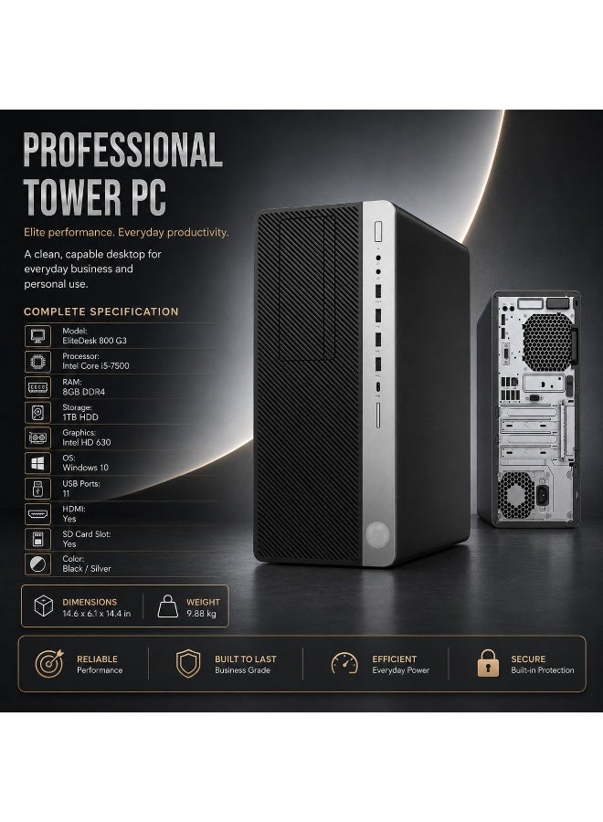 كمبيوتر مكتبي احترافي، معالج Intel Core i5-7500 رباعي النواة، ذاكرة 8 جيجابايت DDR4، هارد 1 تيرابايت HDD، رسومات Intel HD 630، نظام Windows 10، منفذ HDMI، قارئ بطاقات SD، 11 منفذ USB، مع لوحة مفاتيح وفأرة - Image 5