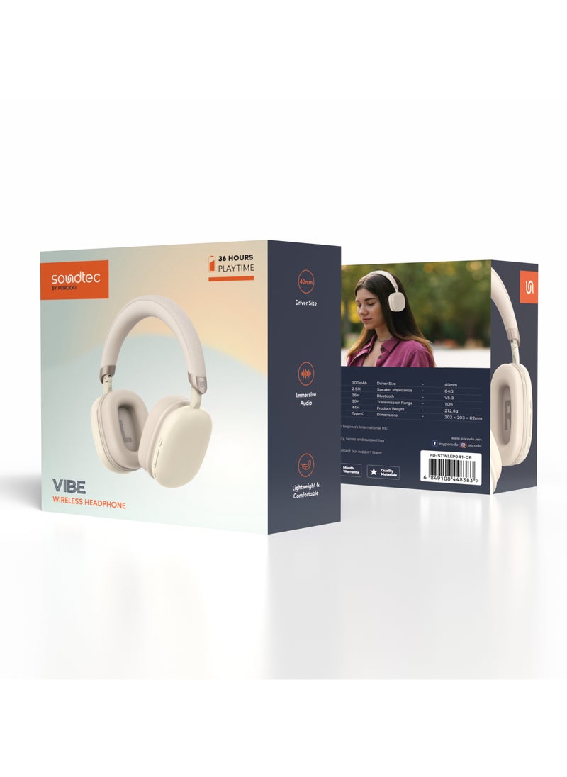 porodo - Vibe Wireless Headphone / Lightweight & Comfortable / Immersive Audio / Extended Battery Life / Stable and Fast Connection Bluetooth v5.3 - Cream - Image 1