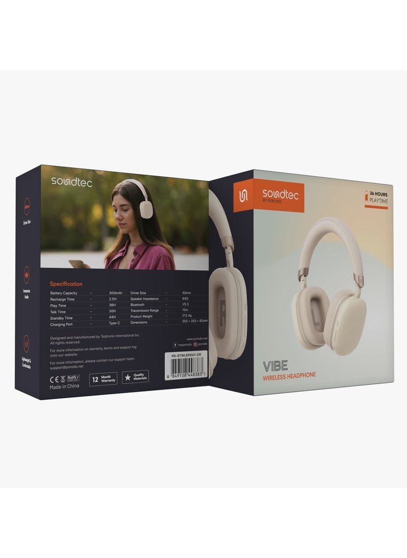 porodo - Vibe Wireless Headphone / Lightweight & Comfortable / Immersive Audio / Extended Battery Life / Stable and Fast Connection Bluetooth v5.3 - Cream - Image 1