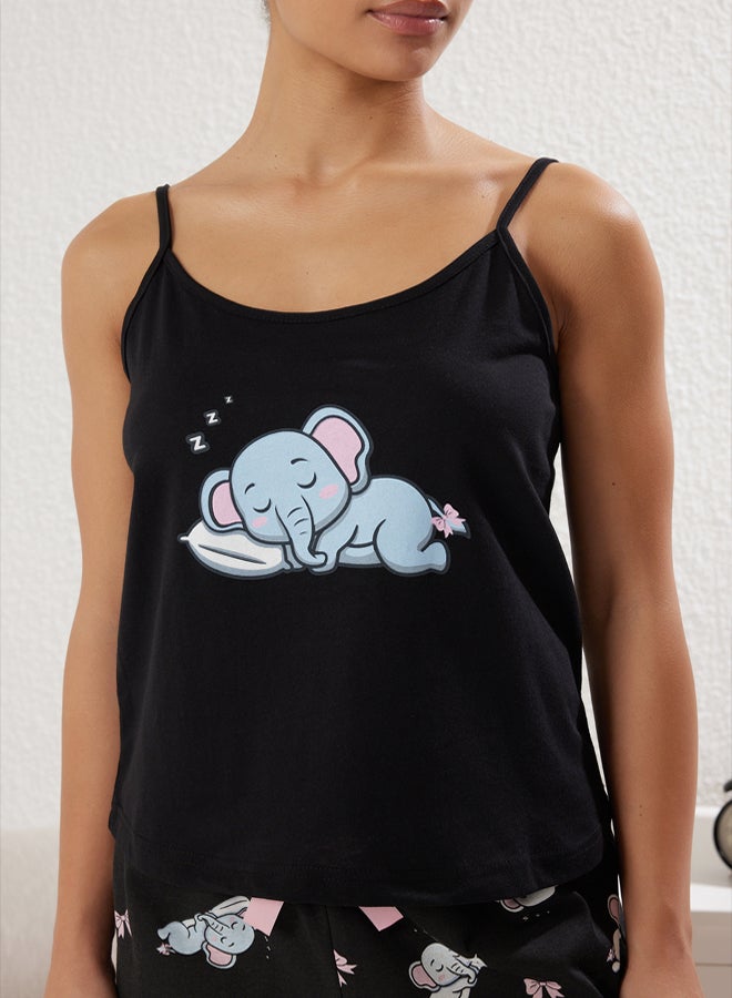 trendyol Black % Cotton Elephant Patterned Ribbon/Bow Knitted Pajama Set with Shorts - Image 4