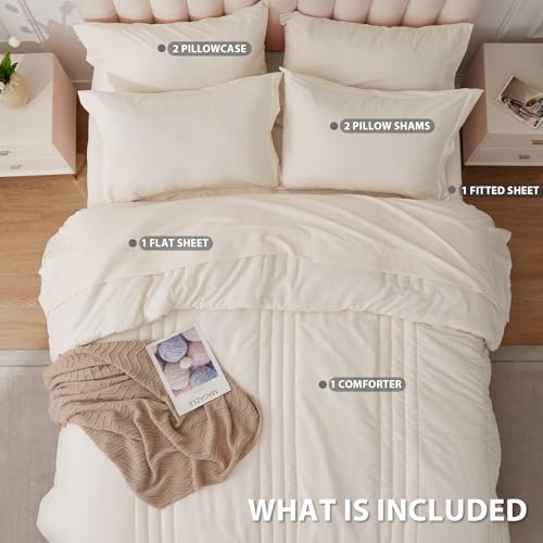 Velorose Queen Comforter Set Beige - Bed in a Bag Queen Size 7 Pieces, Soft Bedding Set for All Seasons, Premium Queen Comforter Set with Comforter, Sheets, Pillowcases & Shams - Image 3
