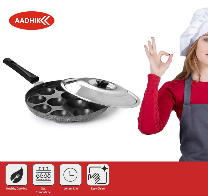 AADHIK Non-Stick 12 Cavity Appam Patra Paniyarakkal One Side Handle with Steel lid, Aluminium Appam Maker, Panayirakal- Grey - Image 3
