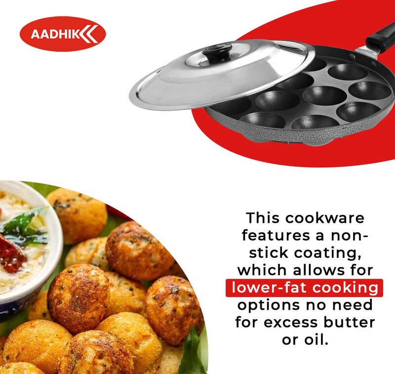 AADHIK Non-Stick 12 Cavity Appam Patra Paniyarakkal One Side Handle with Steel lid, Aluminium Appam Maker, Panayirakal- Grey - Image 4