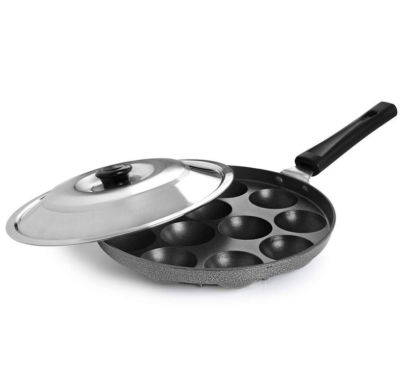 AADHIK Non-Stick 12 Cavity Appam Patra Paniyarakkal One Side Handle with Steel lid, Aluminium Appam Maker, Panayirakal- Grey - Image 2