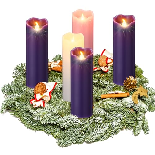 Cindeer 2 x 6 Inch Flameless Advent Candles Set of 5 LED Advent Pillar Wreath Candles Battery Operated Purple Pink Flameless Votive for Seasonal Celebration Rituals Festival Church Decoration - Image 1