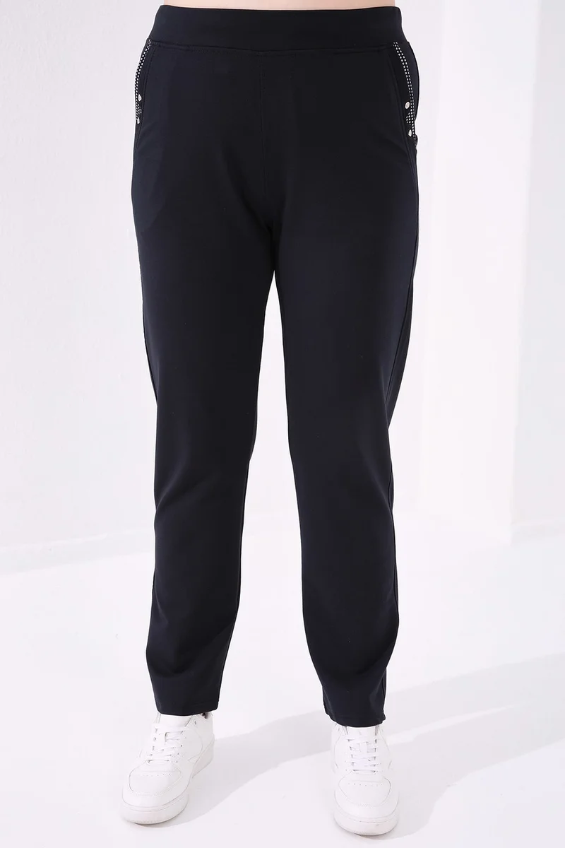 Tommy Life Navy Blue Women's Pocket Comfortable Form Classic Leg Plus Size Tracksuit Bottom-94014