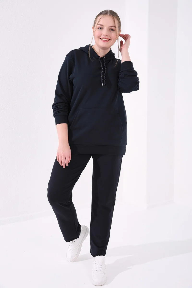 Tommy Life Navy Blue Women's Pocket Comfortable Form Classic Leg Plus Size Tracksuit Bottom-94014